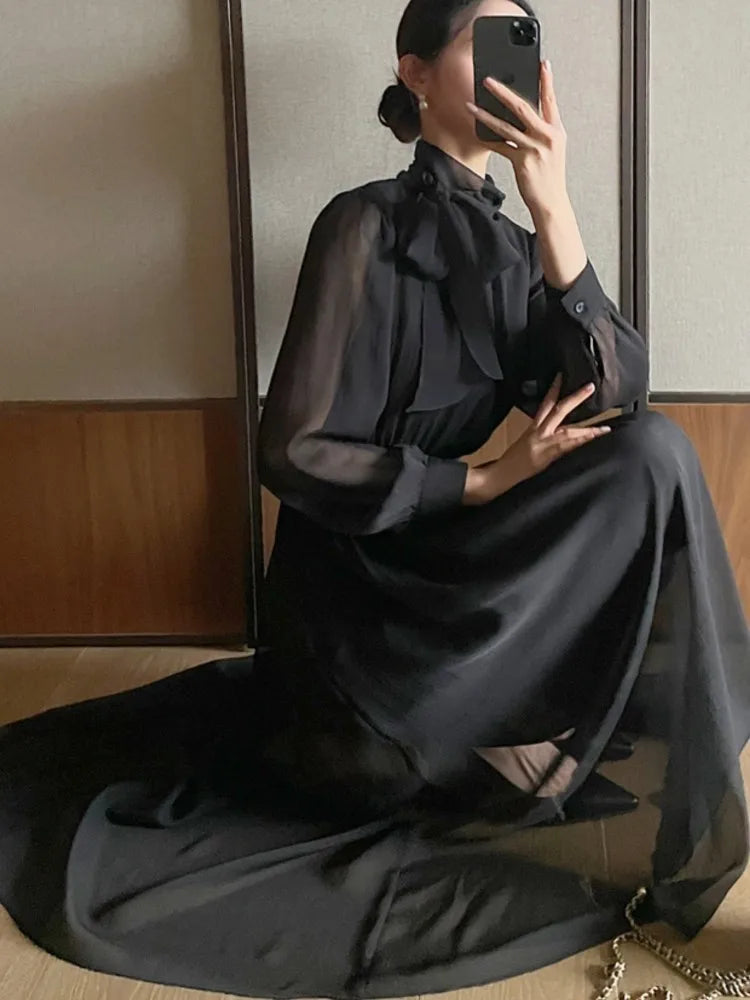 LBSFY -Elegant Midi Dresses for Women Korean Long Sleeves Half High Collar Lace-up A-line One Piece Vestido Mujer Autumn Fashion New