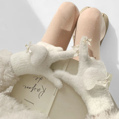 Lbsfy White Jk Love Bow Pearl Gloves Fullfinger Otter Rabbit Fur Gloves Y2K Sweet Knitted Mittens Winter Warm Thickened Cycling Gloves