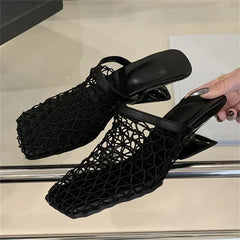 LBSFY -Design Breathable Mesh Slippers Woman Pumps Elegant Square Toe Strange Low Heels Party Ladies Slide Mule Shoes