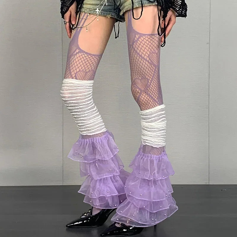 Lbsfy Women Purple Stocking Sexy Lace Leg Covers Love Hollow Mesh Thigh Garter Stockings Pantyhose Nude Party Suspender Tights