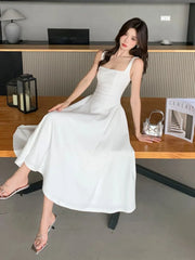 LBSFY -Vintage Elegant French Spaghetti Strap Women's Dresses Square Collar Sleeveless A-Line Wedding Party Dress Female Prom Vestidos