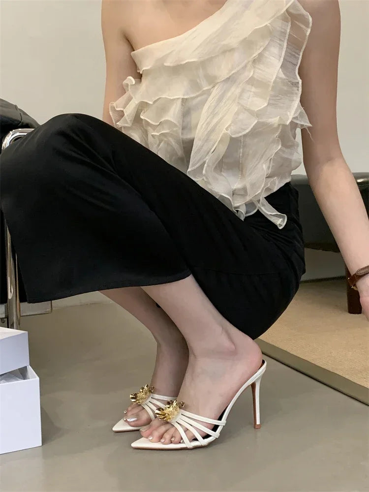 LBSFY -Summer Design Metal Flower Narrow Band Pointed Toe Women Slippers Thin Heels Party Prom Slide Shoes Zapatillas De Mujer
