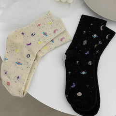Lbsfy Funny Moon Stars Pattern Socks Women Harajuku Planet Space Tube Sock Female Colorful Sweet Warm Cute Casual Streetwear Meias