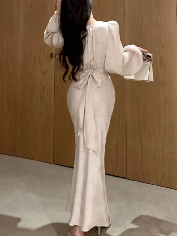 LBSFY -Elegant Bodycon Print Midi Dresses for Women Autumn Lantern Sleeve V-Neck Lace-up Mermaid Evening Party Dress Robe Vestidos New