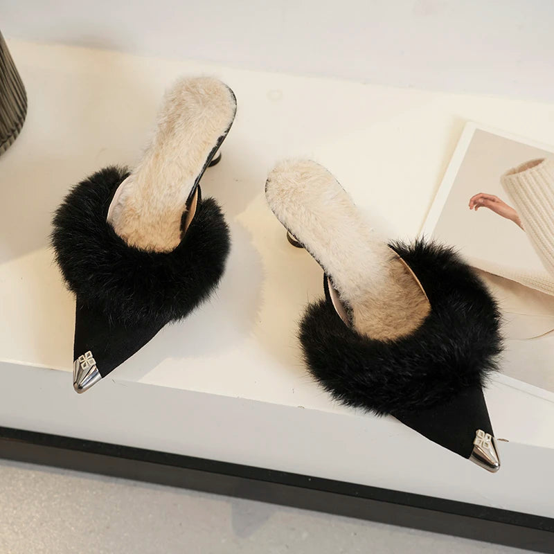 LBSFY -New Style Women's Warm Plush Pointed Toe High Heel Winter Mules Slipper Fashion Design Thin Heels Flip Flops Pumps Zapatos Mujer