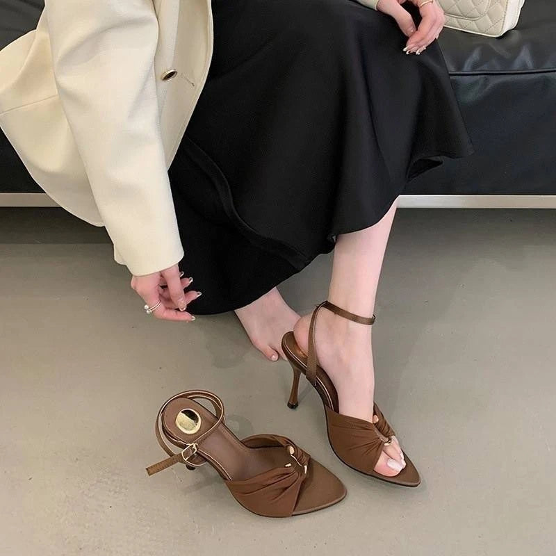 LBSFY -Summer Pointed Toe Thin High Heels Fashion Pleated Metal Buckle Strap Women Sandals Banquet Party Female Mules Shoes