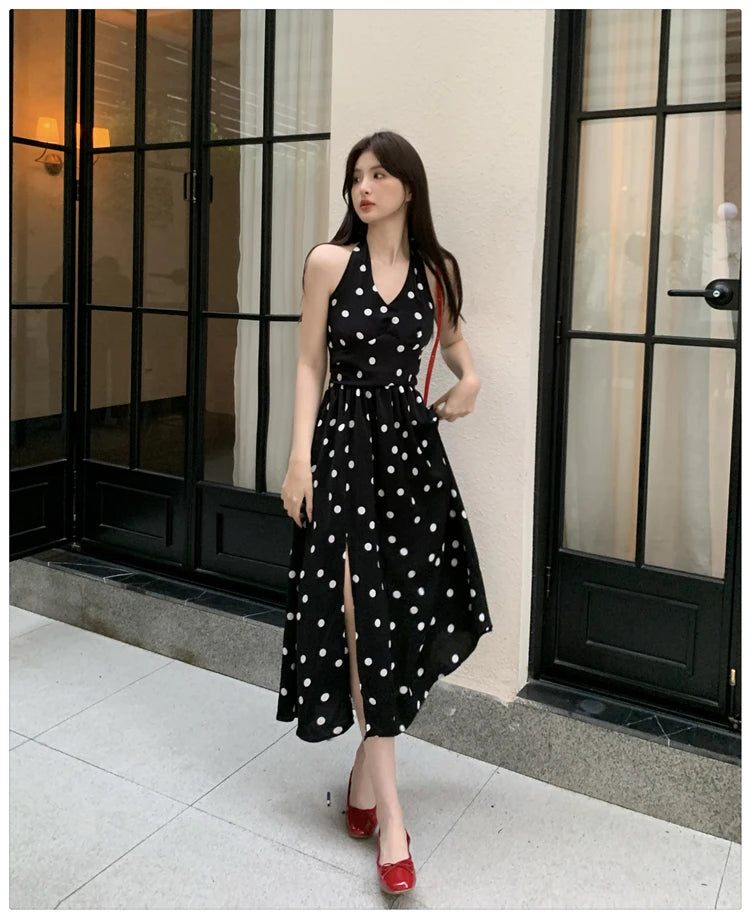 LBSFY -Dot Chic Retro Elegant French Style Polka Sling Dresses Bow Backless Slim Waist Halter-neck Split Dress Spring Summer 2025 New