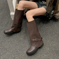 LBSFY  -  HOT Genuine Leather Boots Women Buckle Slip On Knee High Boots Brown Black Fashion Modern Botas Ladies Shoes