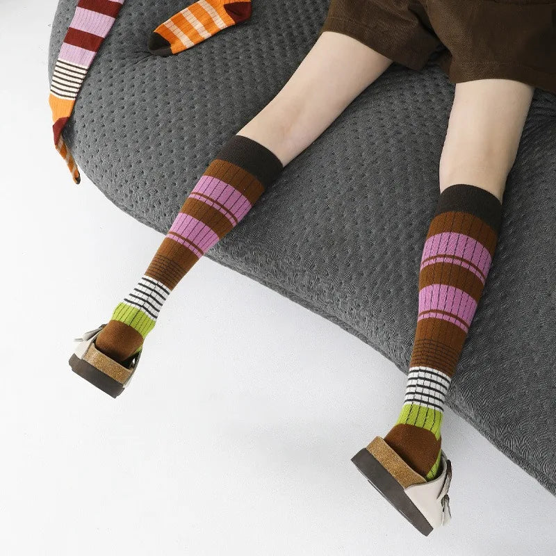 Lbsfy Women Winter Knee-high Stockings Fashion Colorful Stripes Long Sock Female Sports Cotton Stocking Japanese Student Socks Woman