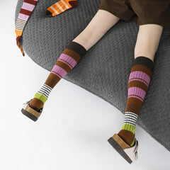 Lbsfy Women Winter Knee-high Stockings Fashion Colorful Stripes Long Sock Female Sports Cotton Stocking Japanese Student Socks Woman