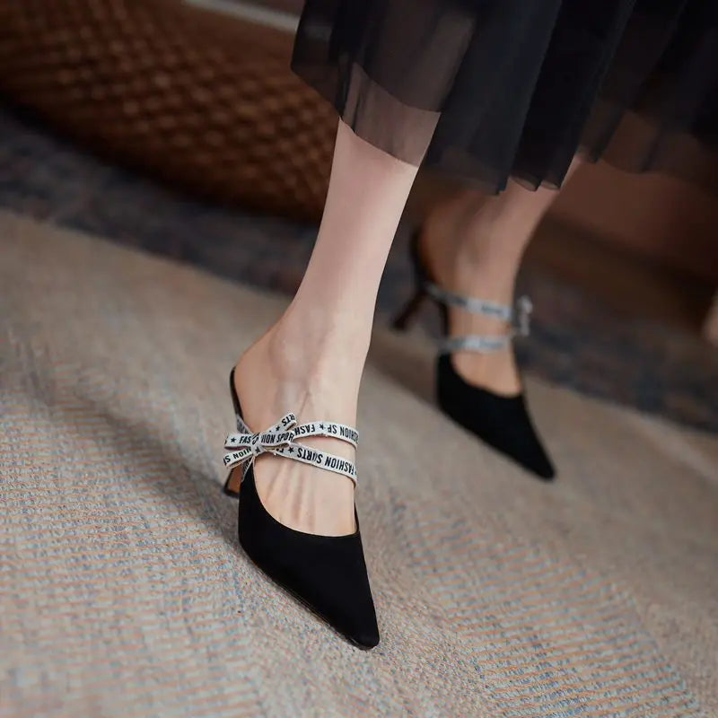 LBSFY  -  2024 New Suede Leather Women Slippers Pointed Toe Stiletto High Heels Summer Party Wedding Shoes Fashion Footwear Mules