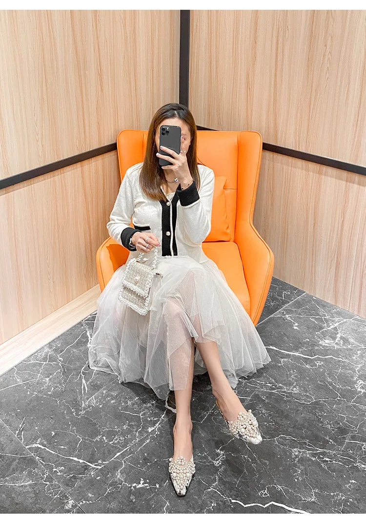 LBSFY -Pearl Half Slippers Women Shoe Autumn Rhinestone Chunky Mid Heel Slipper Sandals Fashion Muller Casual Versatile Single Shoes