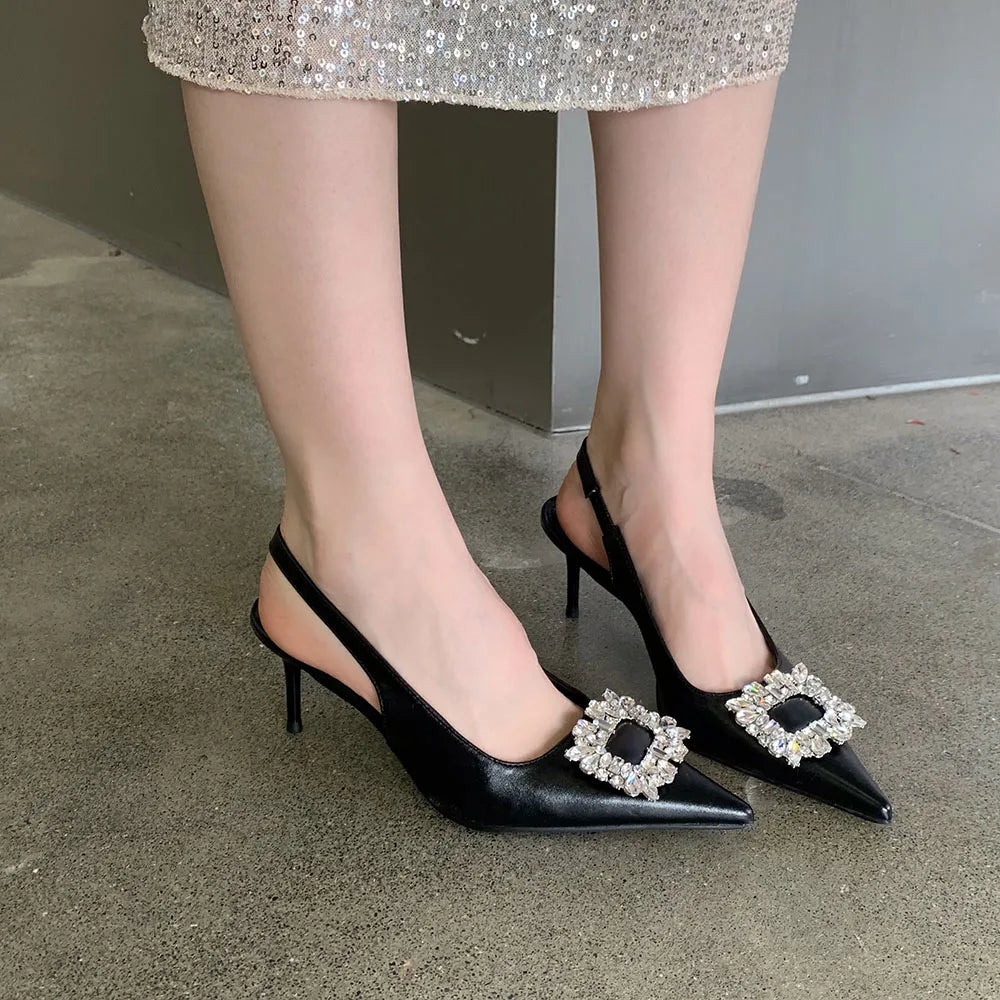 LBSFY  -  Pointed Toe Women Sandals Thin High Heels Back Strap Rhinestone Crystal Buckle Black White Silver Summer Stiletto Party Pumps 39