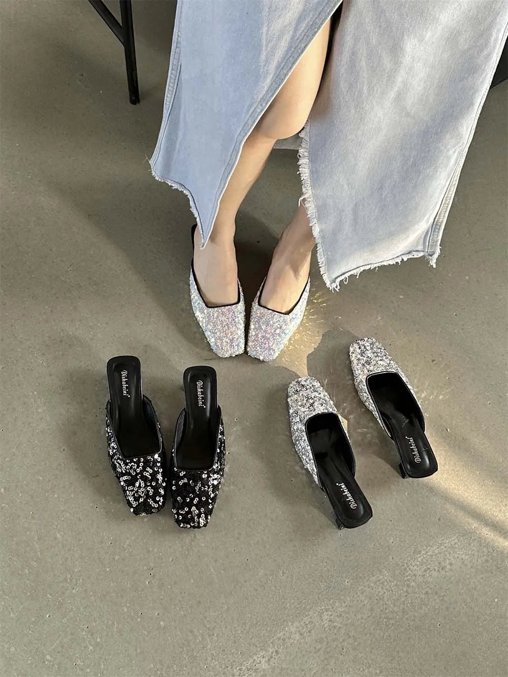 LBSFY  - Square Toe Women Slides Slippers Summer Outside Dress Shoes Black Silver 2024 New Arrivals Party Thin Low Heels Sequined Cloth