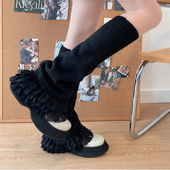 Lbsfy Punk Dark Black Leg Warmers Lace Over Knee Socks Winter Warm Knit Y2K Leg Covers Harajuku Boot Cuffs Japanese JK Lolita Sock
