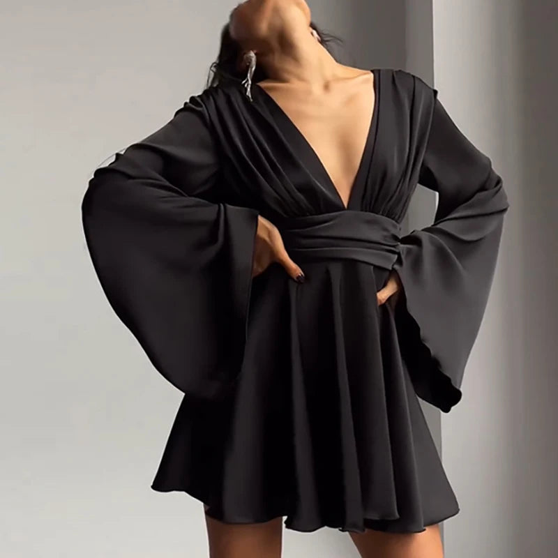 LBSFY  -  2024 High Waist Solid Mini Club Dress Women High Street Flare Sleeve Princess Dresses Winter Elegant Satin V-Neck Party Dress