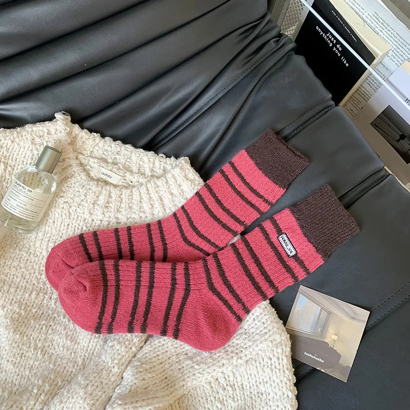 Lbsfy Wool Winter Thick Warm Cute Socks Cotton Korean Wool Stripe Designer Socks Middle Tube Kawaii Casual Harajuku Women Socks