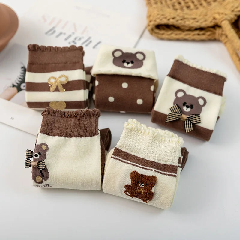 Lbsfy Ruffled Socks Women's Mid-tube Striped Dot Socks Spring Autumn Cotton Japanese Style Cute Kawaii Cartoon Bear Ladies Sports Soks