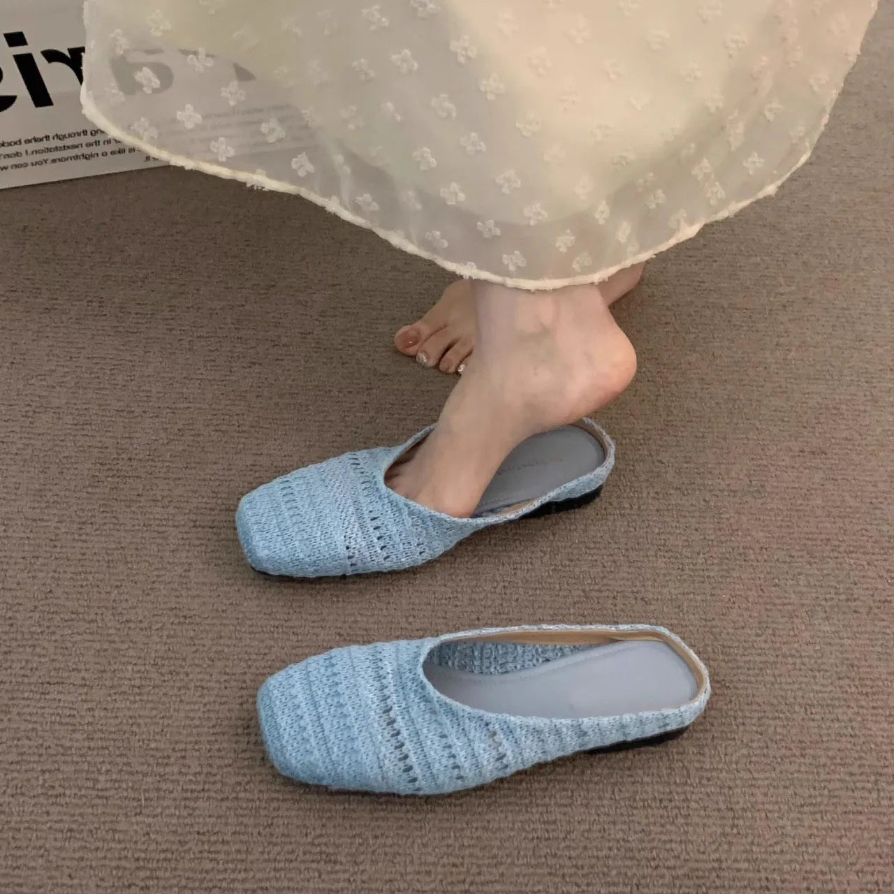 LBSFY -Women Mules Slippers Female Summer Flats Sandals Knit Fabric Stretch Slides Holiday Beach Shoes Square Heel Square Toe Flat