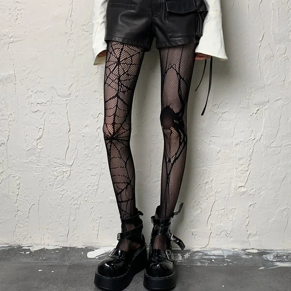 Lbsfy Punk Gothic Asymmetric Spiders Fishing Net Stockings Women Sexy Black Halloween Pantyhose Tights Cosplay Club Party Accessories
