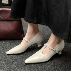 LBSFY  -  Size 34-43 New Genuine Leather Shoes Women Mary Janes Mid Heels Pointed Toe Black Brown Beige Ladies Party Dress Shoes