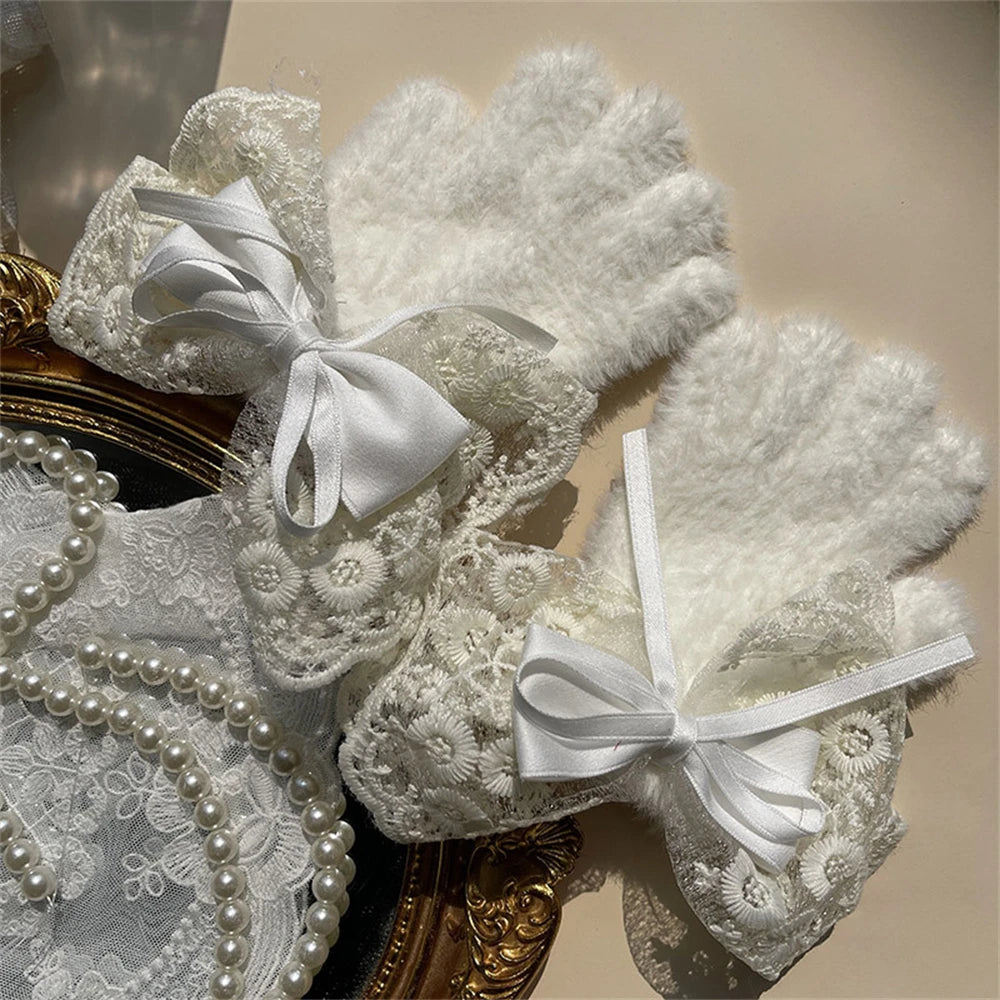 Lbsfy Lolita Winter Warm Knitted Full Finger Gloves Women's Ribbon Ties Lace Touch Screen Gloves Lady Thickened Fleece Woolen Mittens