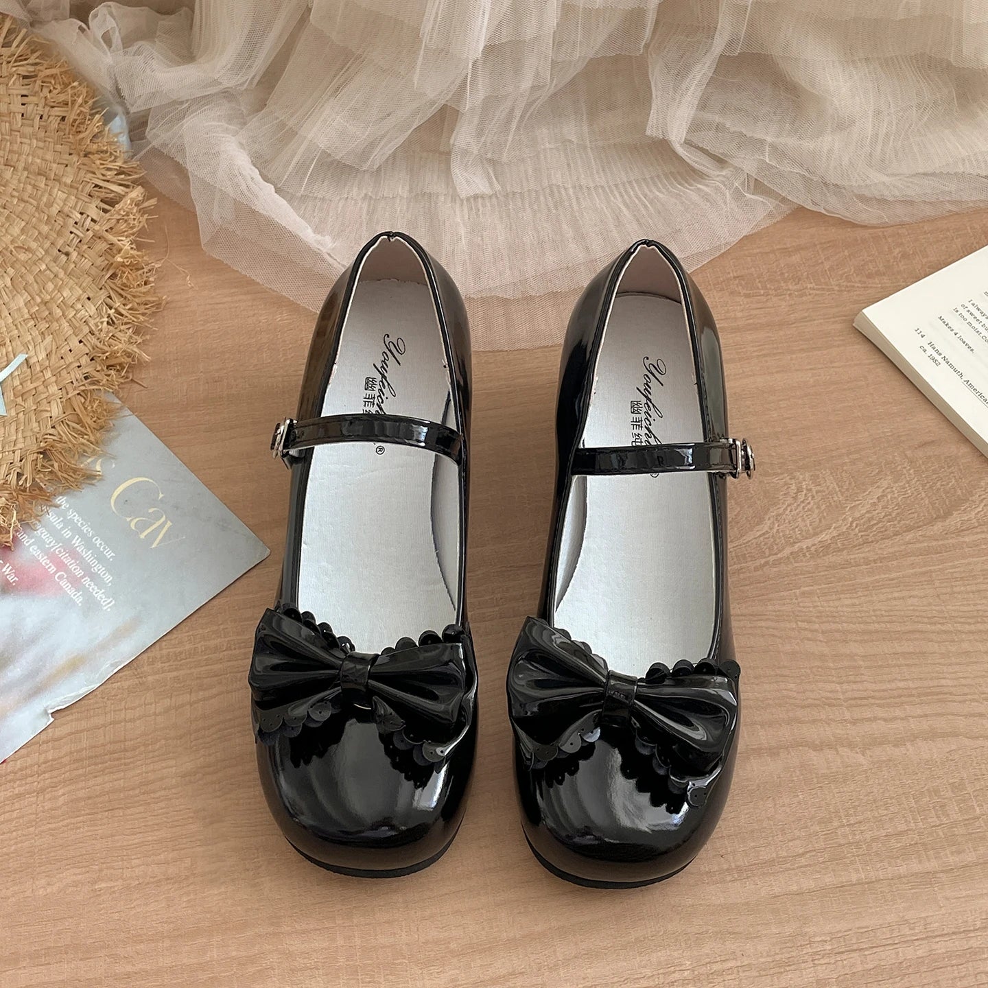 LBSFY -Cute Butterfly-knot Women Lolita Mary Jane Shoes Concise Thick Heel Leather Shoes Ladies Shallow Pumps