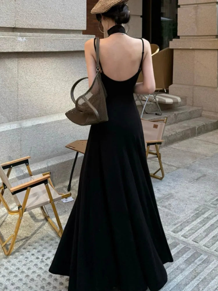 LBSFY -Women's Sexy Vintage Summer Backless Dresses Slit Fit Sleeveless Spaghetti Strap Halther Evening Dress Club Party Prom Chic New