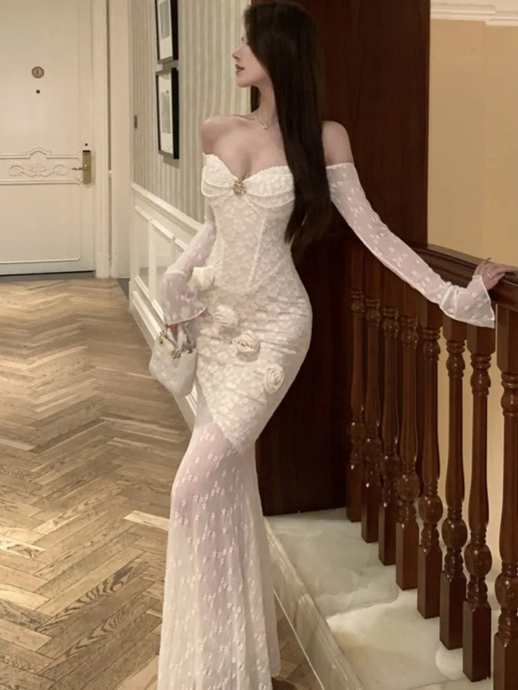 LBSFY -Sexy Elegant Slash Neck Women's Dresses Lace Patchwork Bodycon Party Off Shoulder Long Sleeves Evening Dress 2025 New Vestidos