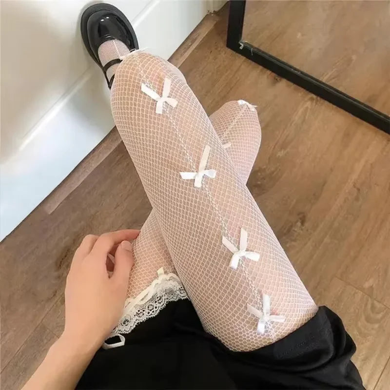 Lbsfy Women Mesh Ventilation Socks Leggings Bows Transparent White Black Tights Stockings Women Sexy Mesh Fishnet Pantyhose