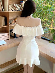LBSFY -French White Ruffles Women's Short Dress Bodycon Slash-Collar Sexy Sweet Slim Fit Shoulder Party Evening Dresses Summer New 2025