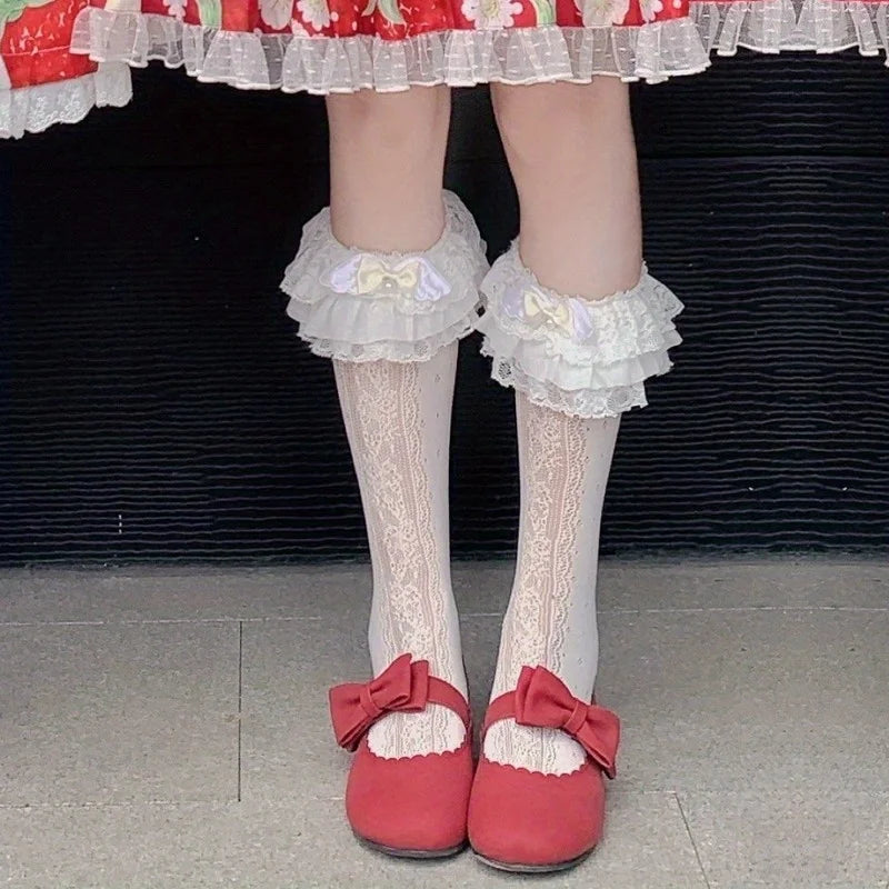 Lbsfy 1 pair of lolita milk white lace knee socks sweet bow long cotton socks jk white silk calf socks Lolita ladies socks