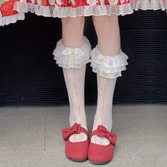 Lbsfy 1 pair of lolita milk white lace knee socks sweet bow long cotton socks jk white silk calf socks Lolita ladies socks