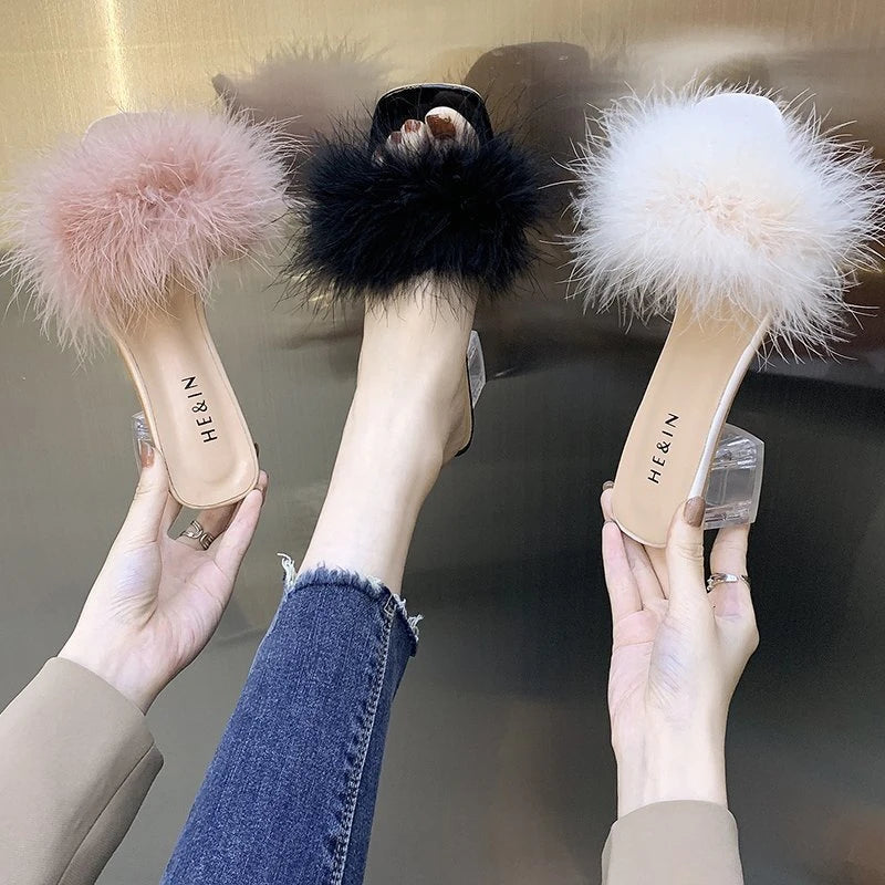LBSFY -Fashion Slippers Women's Summer New Open Toe Plush Fox Fur Chunky with Flip Flops Sexy Home Banquet Square Toe Simple Pumps