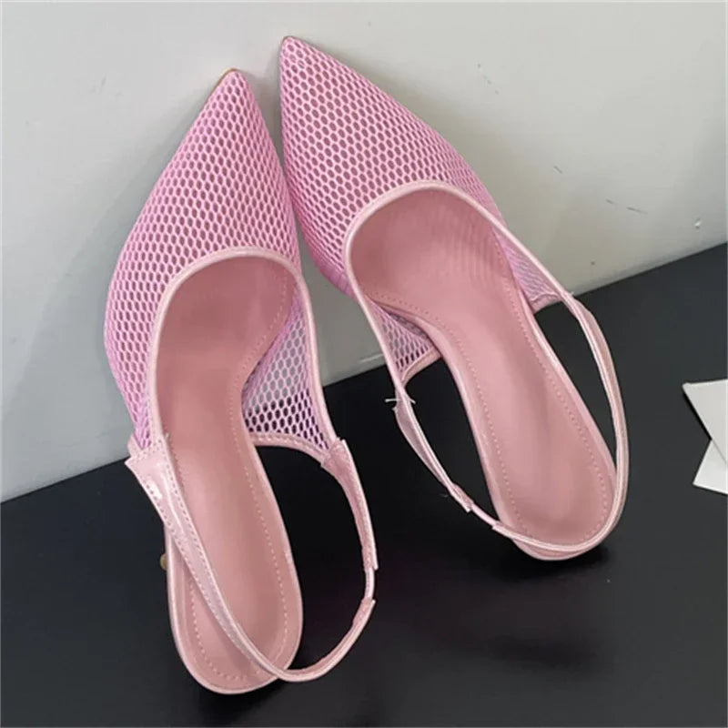 LBSFY -Summer Breathable Mesh Pointed Toe Women Pumps Elegant Slingbacks Thin Low Heels Party Dress Shoes BIG SZIE 43