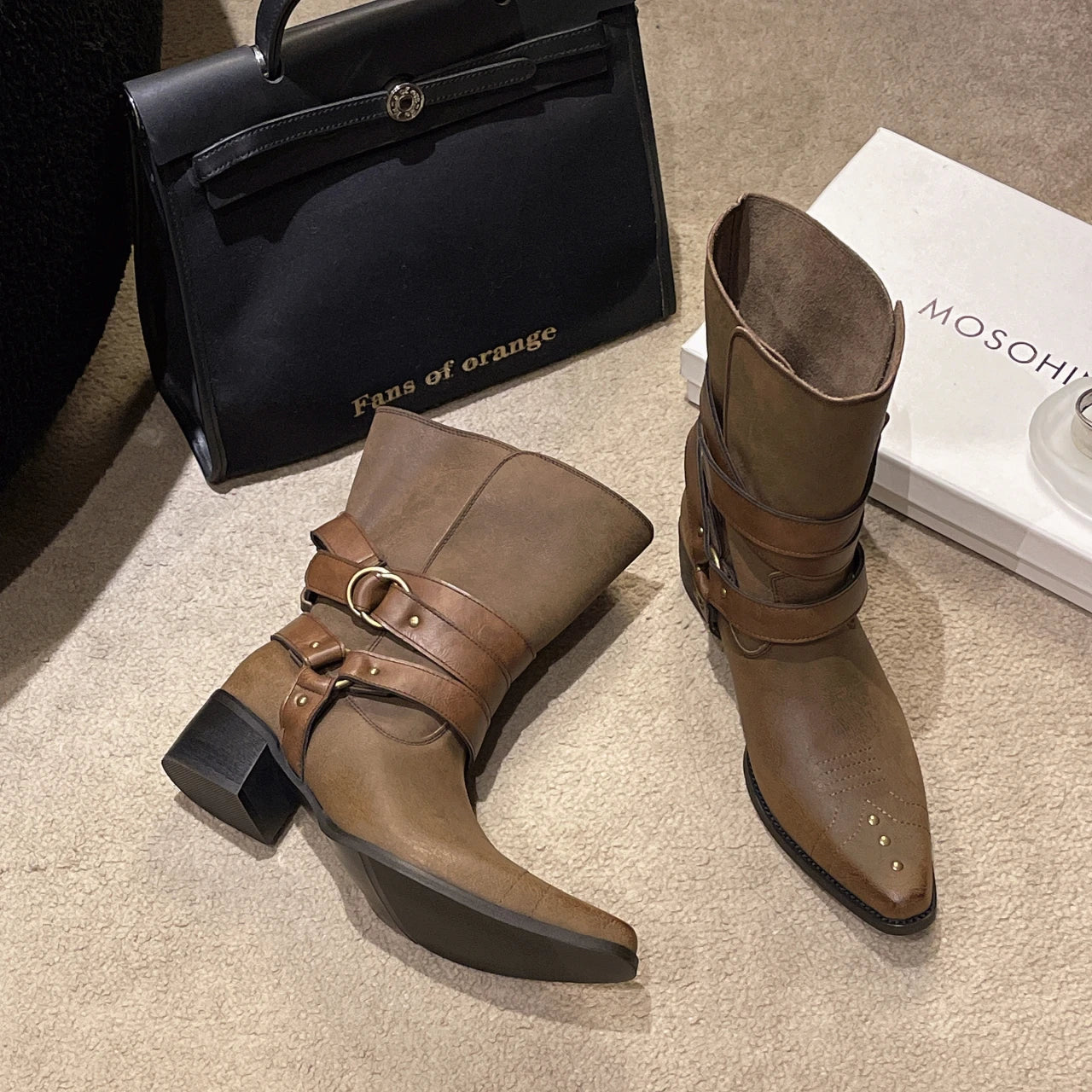 LBSFY -New Style Fashion Women's Winter Pointed Toe Western Ankle Boots Women Square Heels Goth Short Booties Buckle Strap Casual Shoes