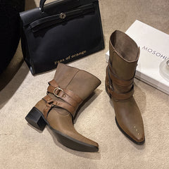 LBSFY -New Style Fashion Women's Winter Pointed Toe Western Ankle Boots Women Square Heels Goth Short Booties Buckle Strap Casual Shoes