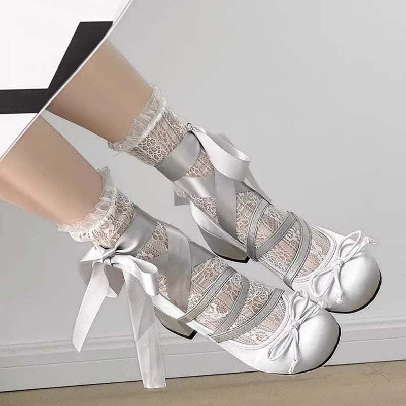 LBSFY -Lolita Cross Strap Pink Round Toe Shoes Ladies Sweet Butterfly Knot Med Heels Mary Janes Shoes Women Fashion Party Shoes Mujer