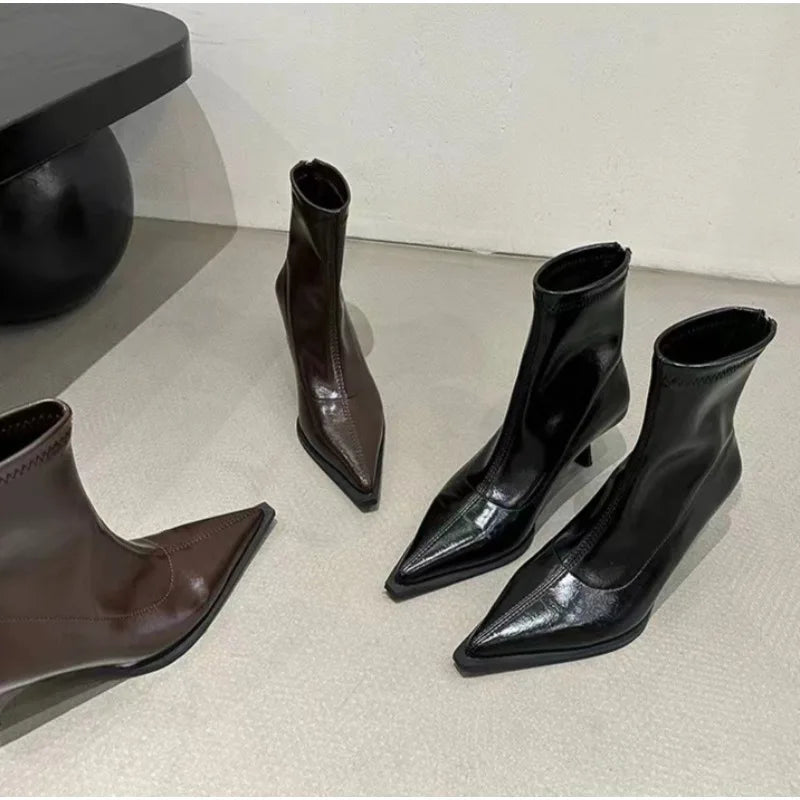 LBSFY -Women's Sexy Pointed Toe Ankle Boots Vintage Autumn New Fashion High Heels Patent Leather Skinny Boots Women Brown Short Booties