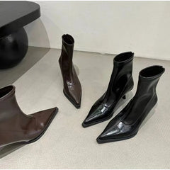 LBSFY -Women's Sexy Pointed Toe Ankle Boots Vintage Autumn New Fashion High Heels Patent Leather Skinny Boots Women Brown Short Booties