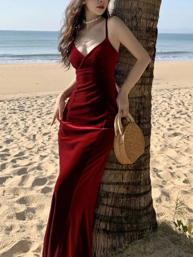 LBSFY -Summer Vintage Sexy Club Prom Red V-neck Dresses Women Spaghetti Strap Slit Long Dress Beach Midi Elegant Dress Party Robe