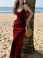 LBSFY -Summer Vintage Sexy Club Prom Red V-neck Dresses Women Spaghetti Strap Slit Long Dress Beach Midi Elegant Dress Party Robe
