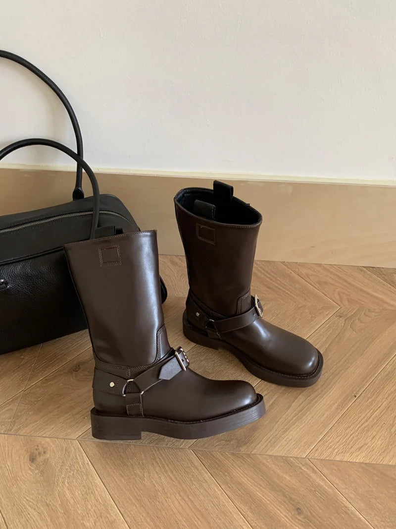 LBSFY  -   Mid Calf Boots Women Round Toe Black Pu Leather Buckle Block Heel Biker Shoes Wide Calf