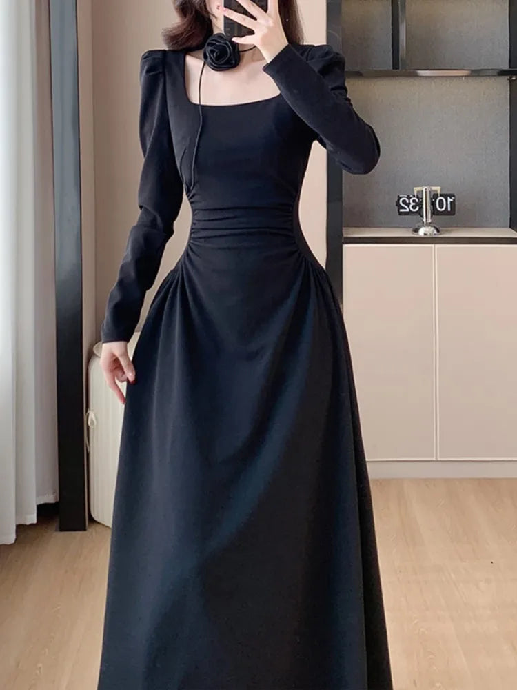 LBSFY -Elegant Chic Women Fashion Black Dress Vintage Casual A-Line Solid Party Birthday Prom Dresses Female Spring Clothes Robe Mujers