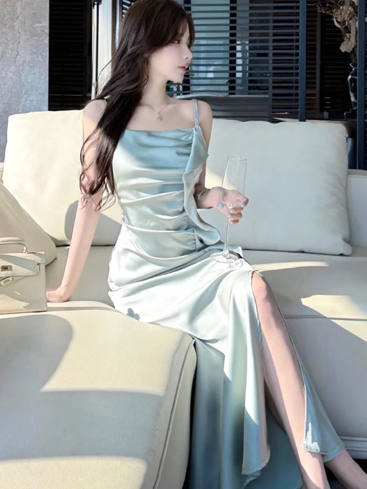 LBSFY -Party Chic Elegant Satin Split Sling Dresses For Woman Ruffles High Waist Folds Long Dress Prom Female Clothes 2025 New Robe