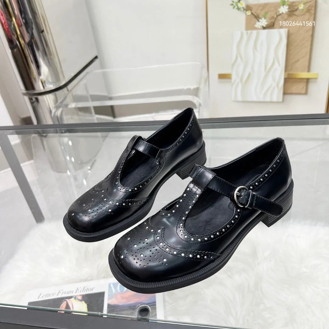 LBSFY  -  Thick Soled French Mary Jane Shoes for Women with T-Shaped Buckle Strap Thick Custom Shoes Carved Internet Red Leather Shoes
