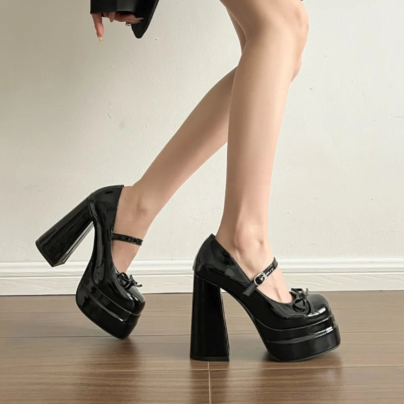 LBSFY -Super High Heel Mary Jane Shoes Women's Retro Round Toe Shallow Mouth Bow Platform One Strap Block Heel Single Shoes