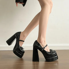 LBSFY -Super High Heel Mary Jane Shoes Women's Retro Round Toe Shallow Mouth Bow Platform One Strap Block Heel Single Shoes
