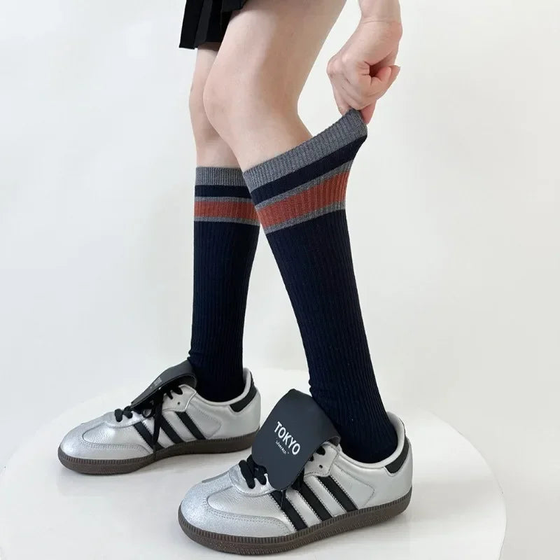 Lbsfy Korean Striped Calf Socks Cotton Colorblocked Knee Socks High Breathable Sport Cycling Mid-calf Socks Japanese JK Accessories