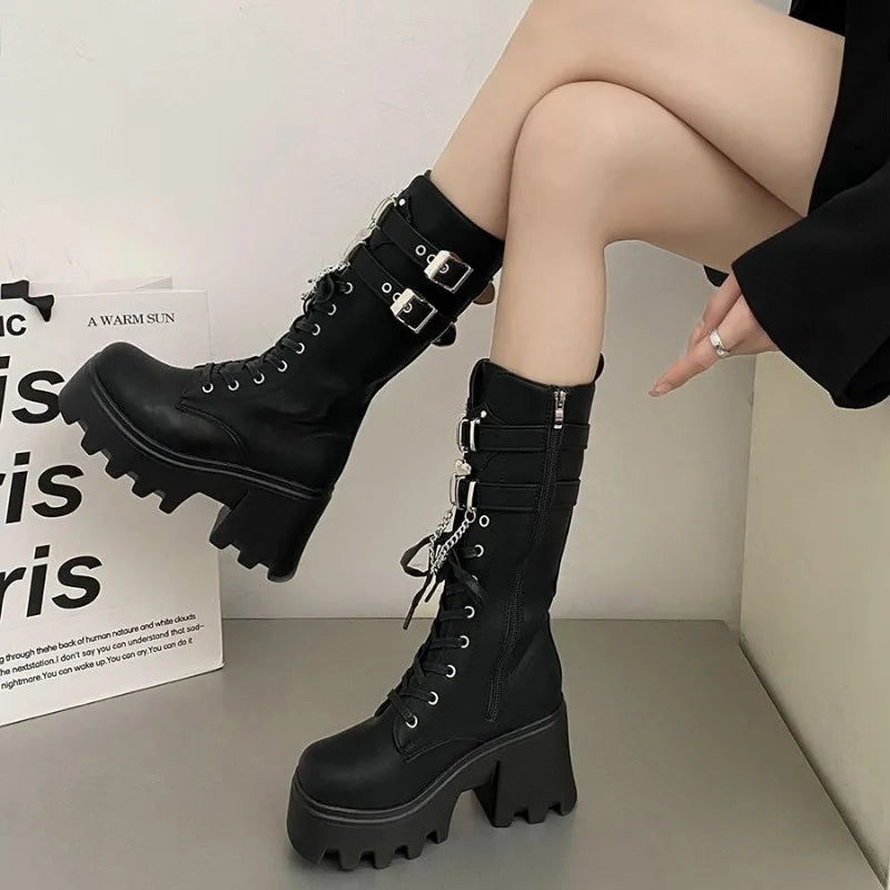 LBSFY -Women's Punk Gothic Boots 2025 Fashion Buckle Chain High Heels Mid Calf Boots Women Black Pu Leather Plus Size 42 Autumn Botas
